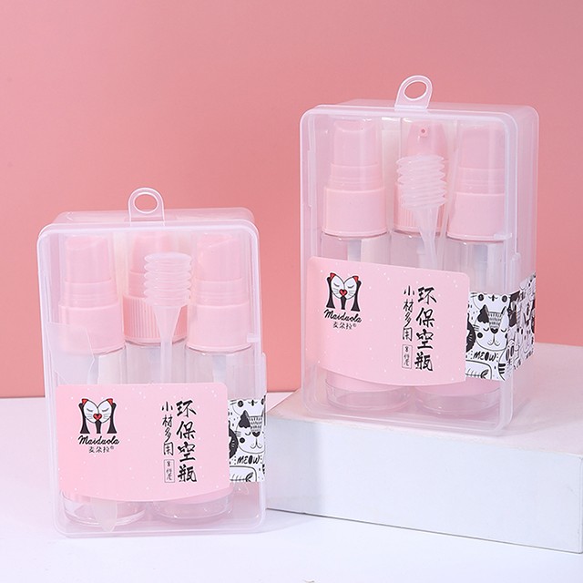 Hot Sale Eco-friendly Make Up Cosmetic Travel Bottle Kit 9pcs Lotion Spray Bottle Plastic Travel Set With Pink Lid MDL551