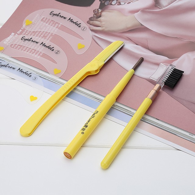 Factory wholesale Four-piece suit yellow eyebrow tool kit womens face brow razor with eyebrow stencil and comb Z010