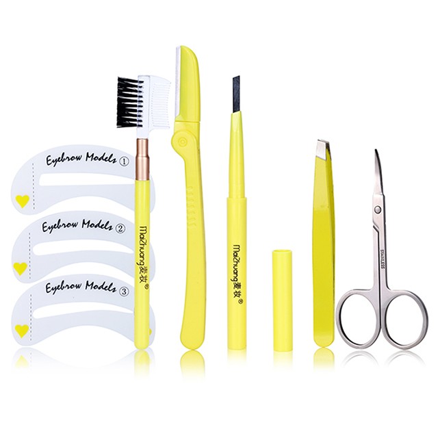 Factory wholesale Four-piece suit yellow eyebrow tool kit womens face brow razor with eyebrow stencil and comb Z011