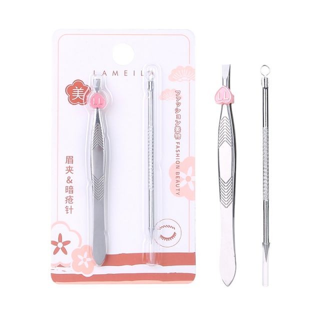 Lameila 2pcs Facial Products Stainless Steel Acne Needle And Eyebrow Clip Combination Eyebrow Tweezers Beauty Tools A0103