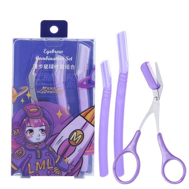 Lameila Newest Purple Color Eyebrow Razor Shaper Grooming Facial Hair Cutter 3 In 1 Eyebrow Trimmer Scissors With Comb A970