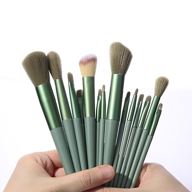 New Women Green Matte Aluminum Tube Professional Complete Brushes Makeup Set Cyan Handle Lady Kits 14pcs Soft Makeup Brush Set