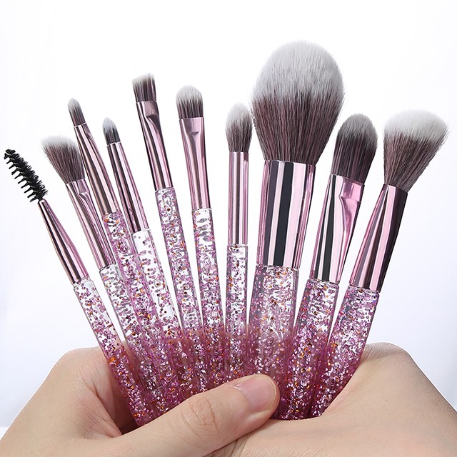 Lady Beauty Makeup Brush Women Nylon Brush Transparent Glitter Pink Crystal Handle Matte Aluminum Tube 10pcs Makeup Brush Set