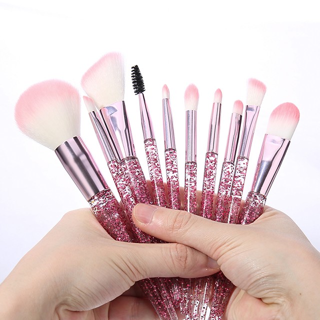 Fashion Design Style Pink Glitter Plastic Handle Woman Facial Cosmetic Brushes10pcs Makeup Brush Set Beauty Make Up Tools