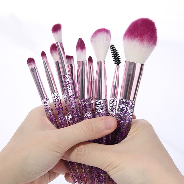 New Style So Beauty Purple Glitter Transparent Handle White Purple Soft Hair Brush 10pcs Lady Makeup Brush Kits Makeup Brush Set