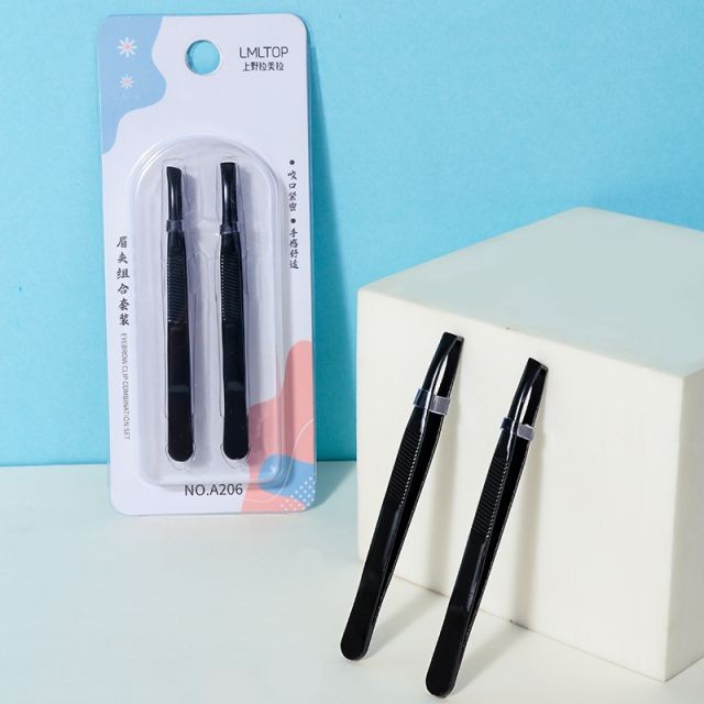 Lameila Wholesale 2pcs Customized Logo Packaging Stainless Steel Slanted Flat Black Slanted Eyebrow Eyelash Tweezers A206 1 buyer