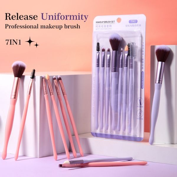 7 IN 1 LMLTOP 7pcs Cosmetics Makeup High Quality Nylon Wool Makeup Brush Set Plastic Handle Private Label Customizable Logo SY608