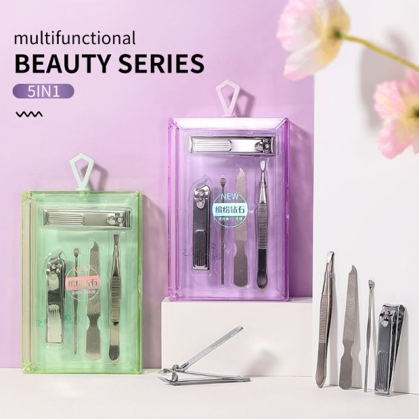 LMLTOP 5in1 Beauty Personal Care Set Products Stainless Steel Kit Manicure Earpick Nail Clippers File Eyebrow Tweezers SY553
