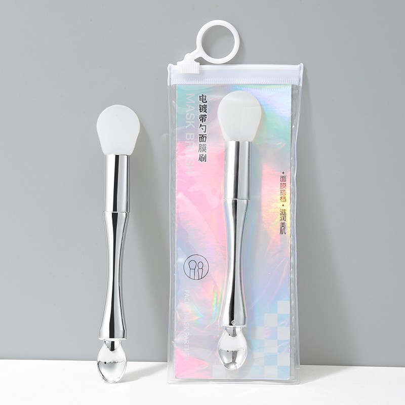 LMLTOP Silver Double-headed Electroplate DIY Brush Mask Spatula Applicator Brush silicone Facial mask brush And Spoon SY615