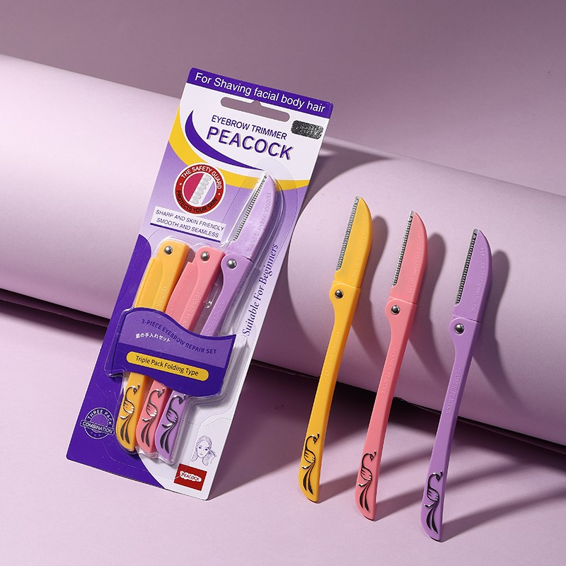 New 3pcs Foldable Hair Shaver Stainless Steel Eyebrow Razors Trimmer Macro Protective Net Blade Peacock pattern Eyebrow Makeup