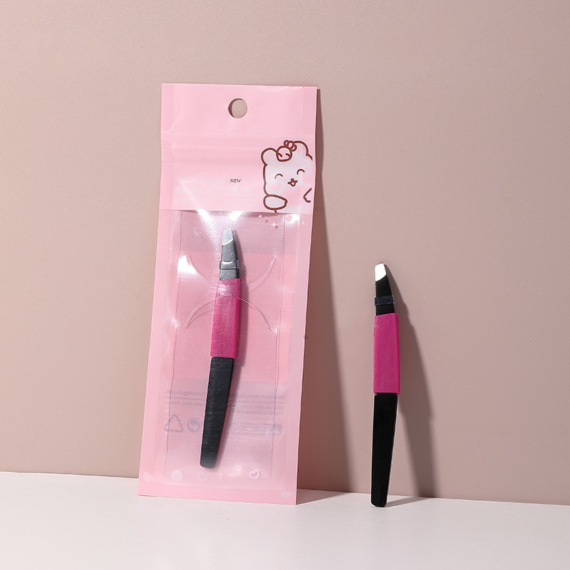 Silubi Mini Professional Stainless Steel Slant Tip Eyelash tweezers Plastic Private Label Eye Brow Tweezers for Cosmetics A243