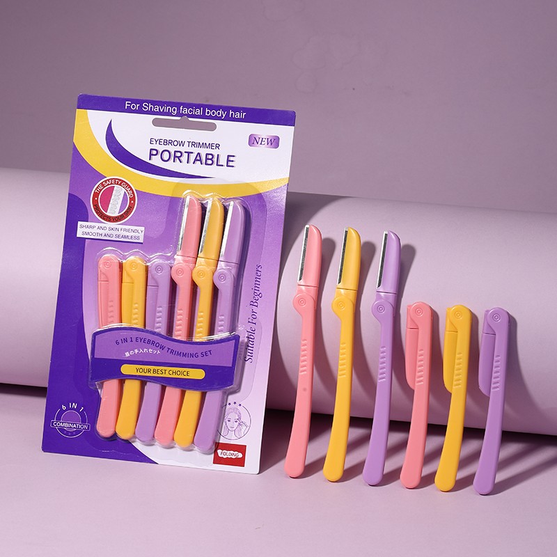 6pcs Foldable Stainless Steel Eyebrow Razors Trimmer Macro Protective Net Blade Sharp Facial Hair Removal Eyebrow Knife Set UU03