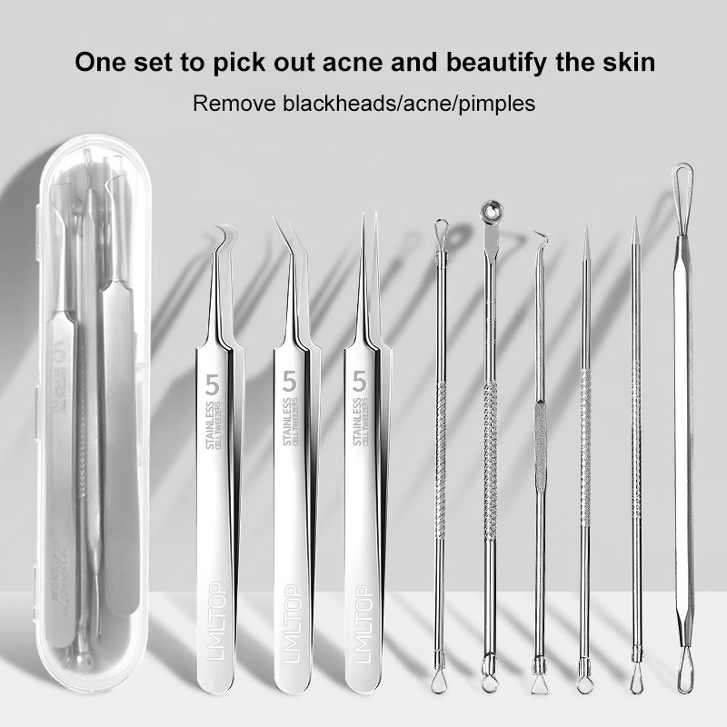 LMLTOP 9PCS Ultra-Fine Cell Pimple Blackhead Clip Tweezers Stainless Steel Face Treatment Kit Acne Needle Blackhead Pimple YY668