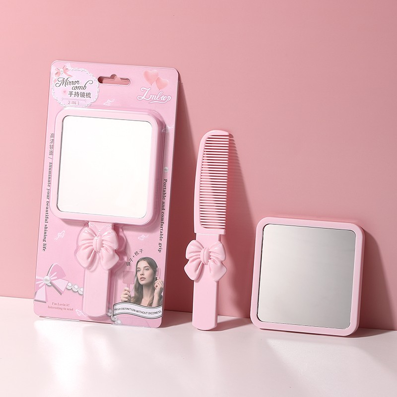 Wholesale Portable Plastic Square Shape HandHeld Cosmetic Mirror Small Pink Makeup Mirror for Girls Gift With Hair Comb SY778