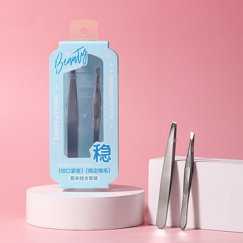 LMLTOP 2-Piece Flat Slanted Stainless Steel Eyebrow Tweezers Set JJF17 Beauty Tool for Hair Removal and Eyelash Care Model