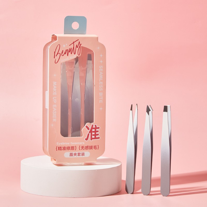 LMLTOP Stainless Steel Flat Slanted Eyebrow Tweezers JJF18 Set 3-Piece Hair Removal Eyelash Beauty Tool