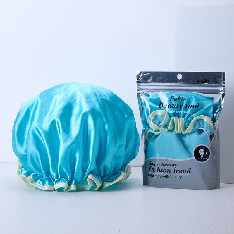 LMLTOP Customized Adjustable EVA Lined Cloth Spa Hotel Travel Bath Cap Double Layer Waterproof Satin Shower Cap JJF40