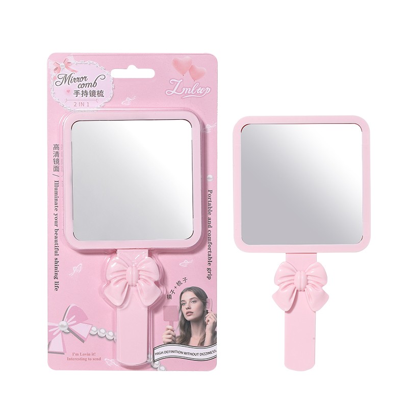 Wholesale Portable Plastic Square Shape HandHeld Cosmetic Mirror Small Pink Makeup Mirror for Girls Gift With Hair Comb SY778