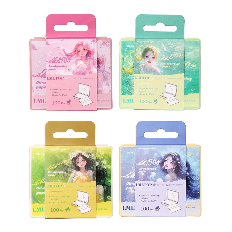 Facial Oil Control Paper with Mirror and Powder Puff 100Pcs Blotting Paper Absorbent Sheets for Oily Skin Shine Removal Travel Y006